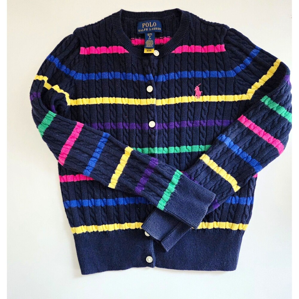 Polo Ralph Lauren girls 7 Navy Multicolor Cable-Knit Striped Cardigan Sweater